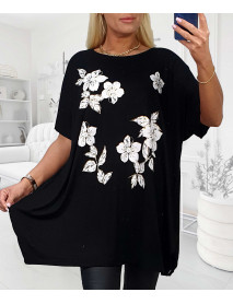 VEĽKÁ  čierna BLÚZKA PRE MOLETKY - OVERSIZE  - ESMIRA - BIELE KVETY